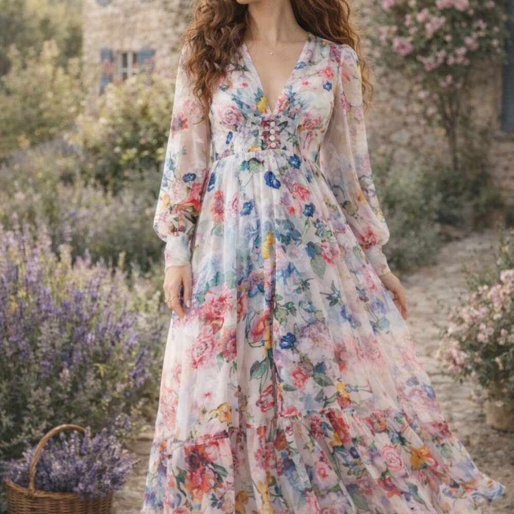 NWT Dalia MacPhee Floral Garden French Country Style Feminine Maxi Dress - Picture 2 of 16